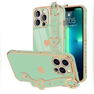 iPhone 13 Pro Mint Green & Gold Heart Phone Case with stand and ring attachments